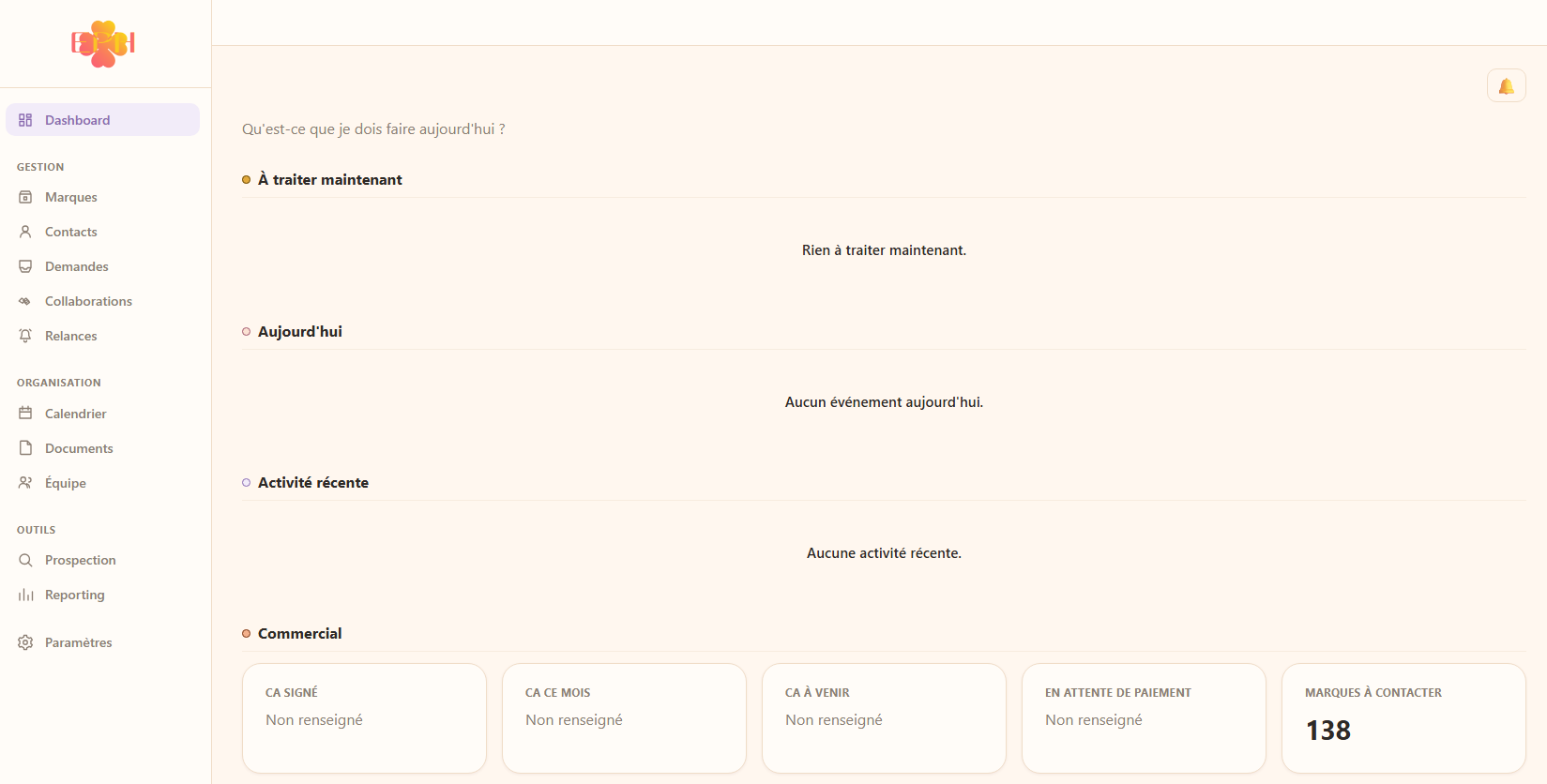 Dashboard du CRM EP Studio