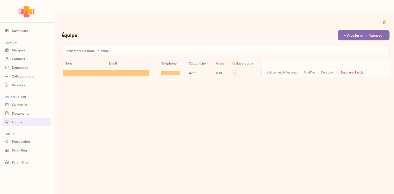 Gestion des profils influenceurs dans le CRM EP Studio